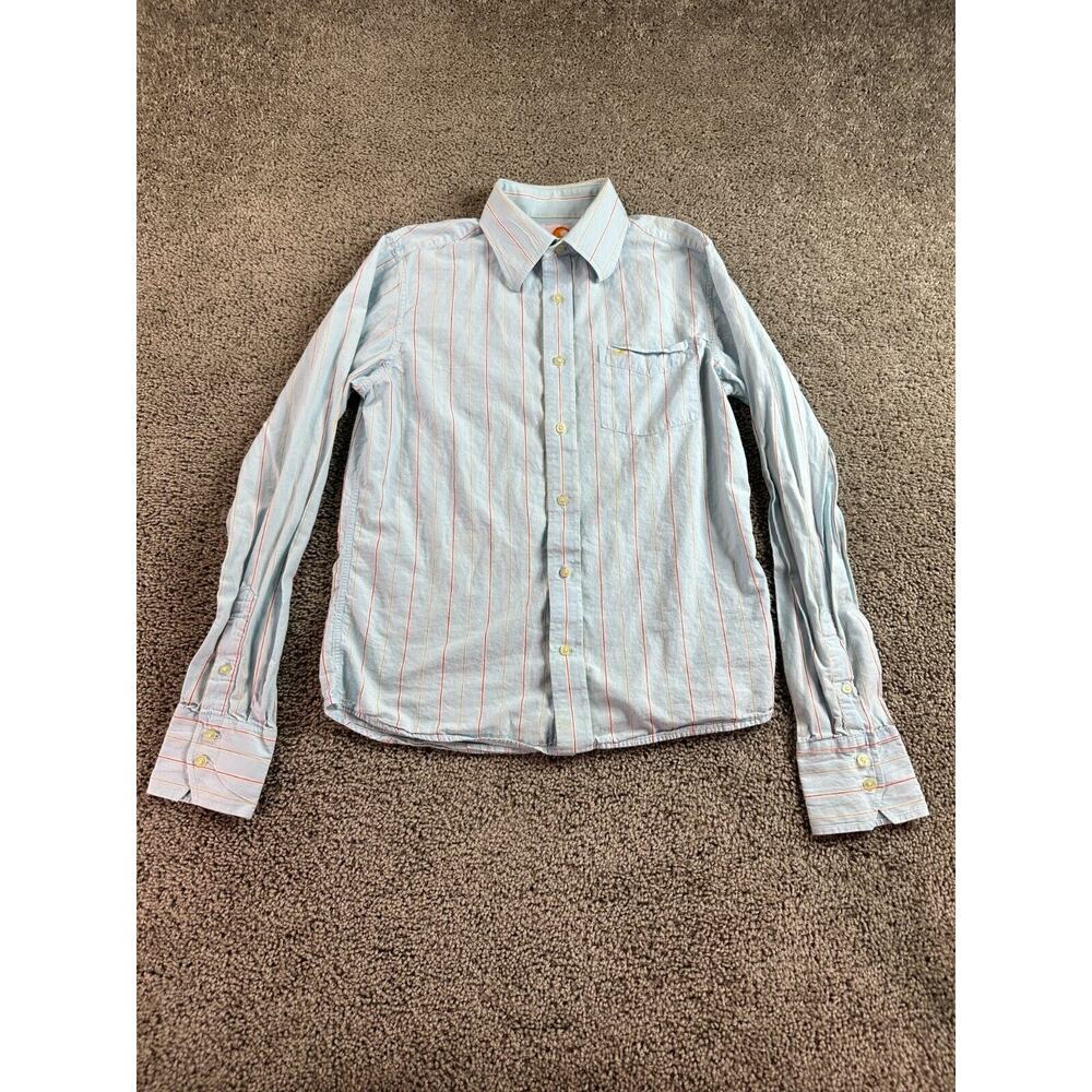 Hollister Shirt Mens Medium Blue Orange Striped Long Sleeve Cotton Button Up*